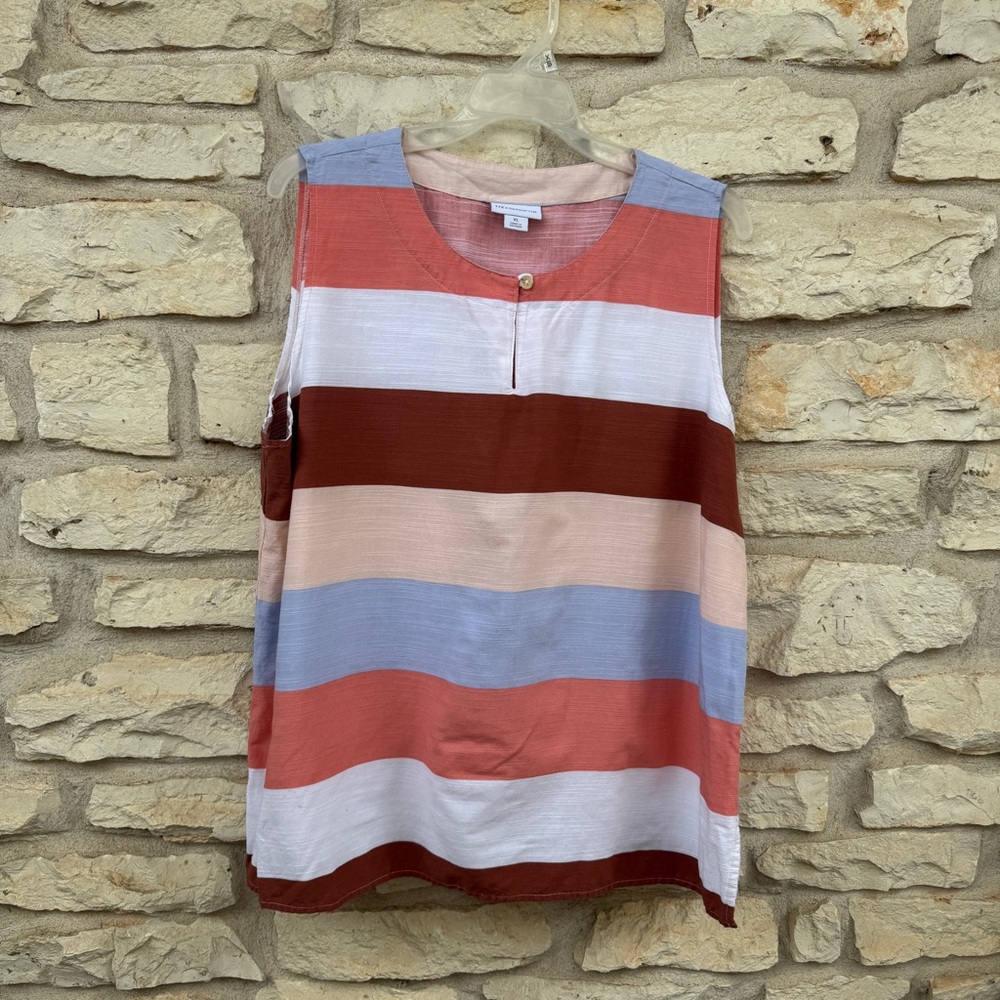 Liz Claiborne Multicolor Striped Blouse XL Sleeveless Top Round Neck V-Neck